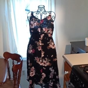 Xhilaration Black Floral High-Low Sundress with Pink and Cream Blooms